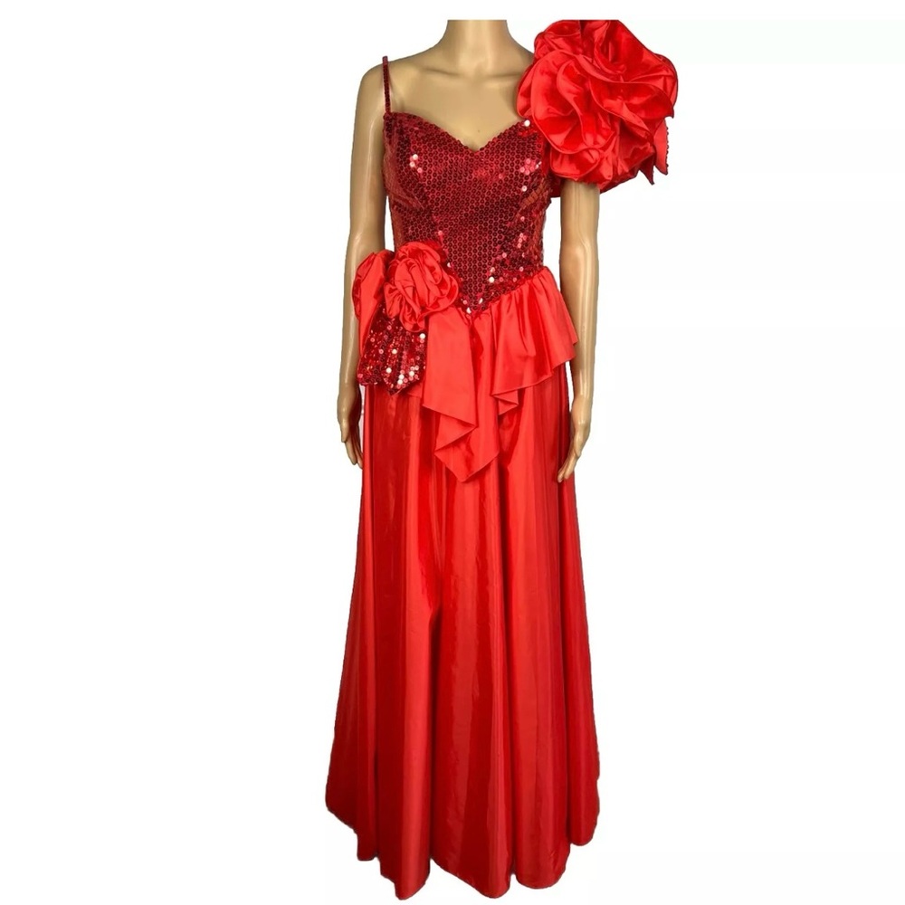 Alyce Designs Prom Party Dress Vintage Red Sequin One Shoulder Drop Waist